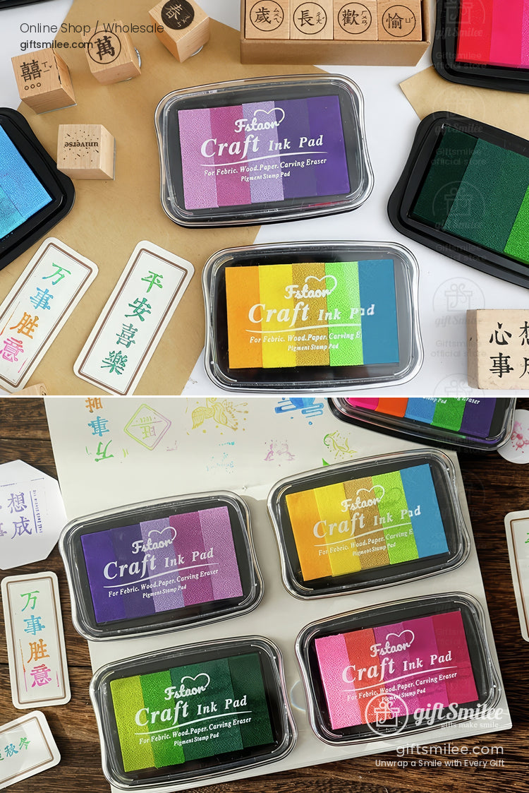 Multicolored craft ink pads in plastic cases with wooden stamps featuring vibrant green purple yellow and blue tones
