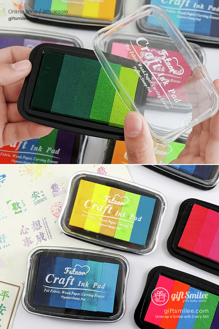 Multicolor craft ink pads with vibrant green yellow and blue shades stored in clear plastic cases with black bases