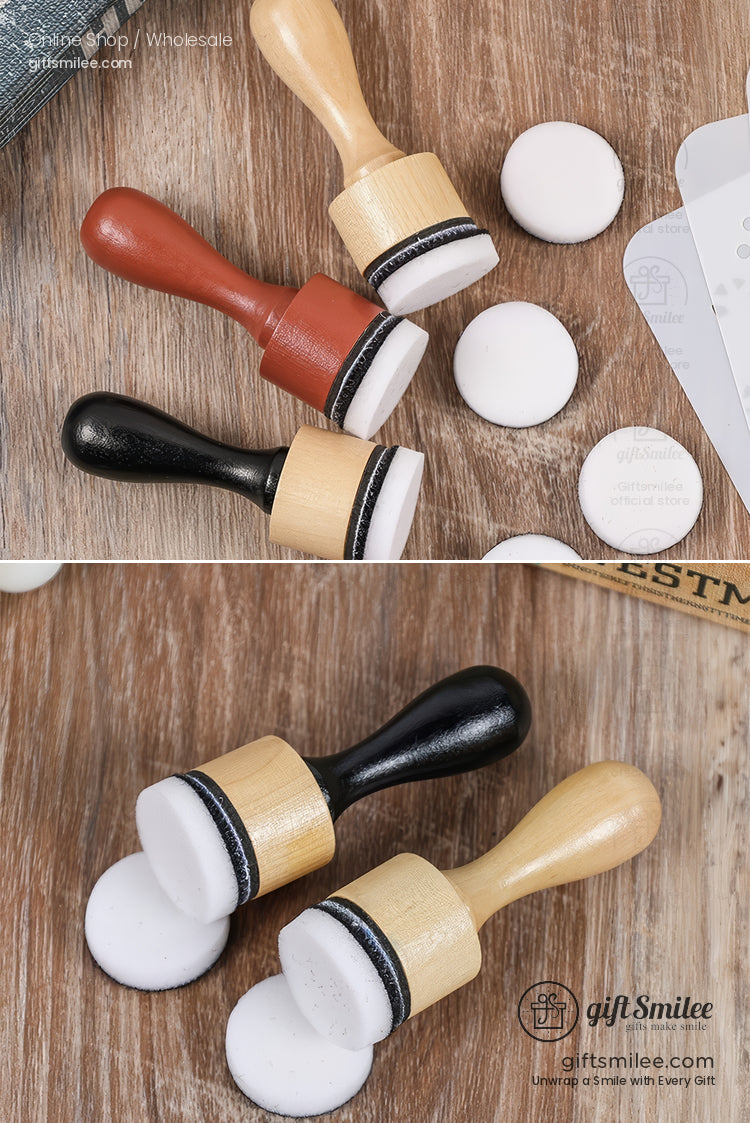 Wooden craft blending brushes with rounded sponge applicators featuring natural red and black handles on a wood surface