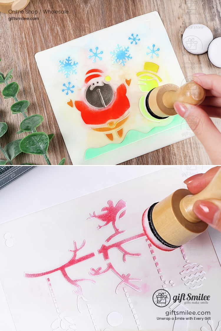 Festive Santathemed stamping stencil with wooden handle colorful snowflake details and holiday design elements