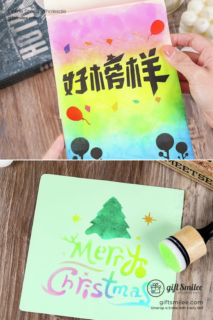 Colorful stencil set with gradient design featuring balloons trees and Merry Christmas text for crafts