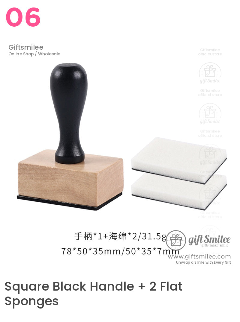 Natural wood rubber stamp with black ergonomic handle and two rectangular white foam ink pads