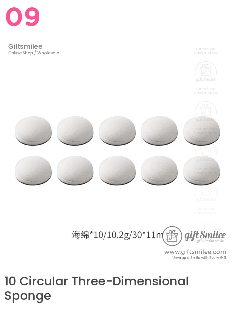 Ten round white compressed cellulose sponges with smooth texture lightweight design and compact size for versatile use