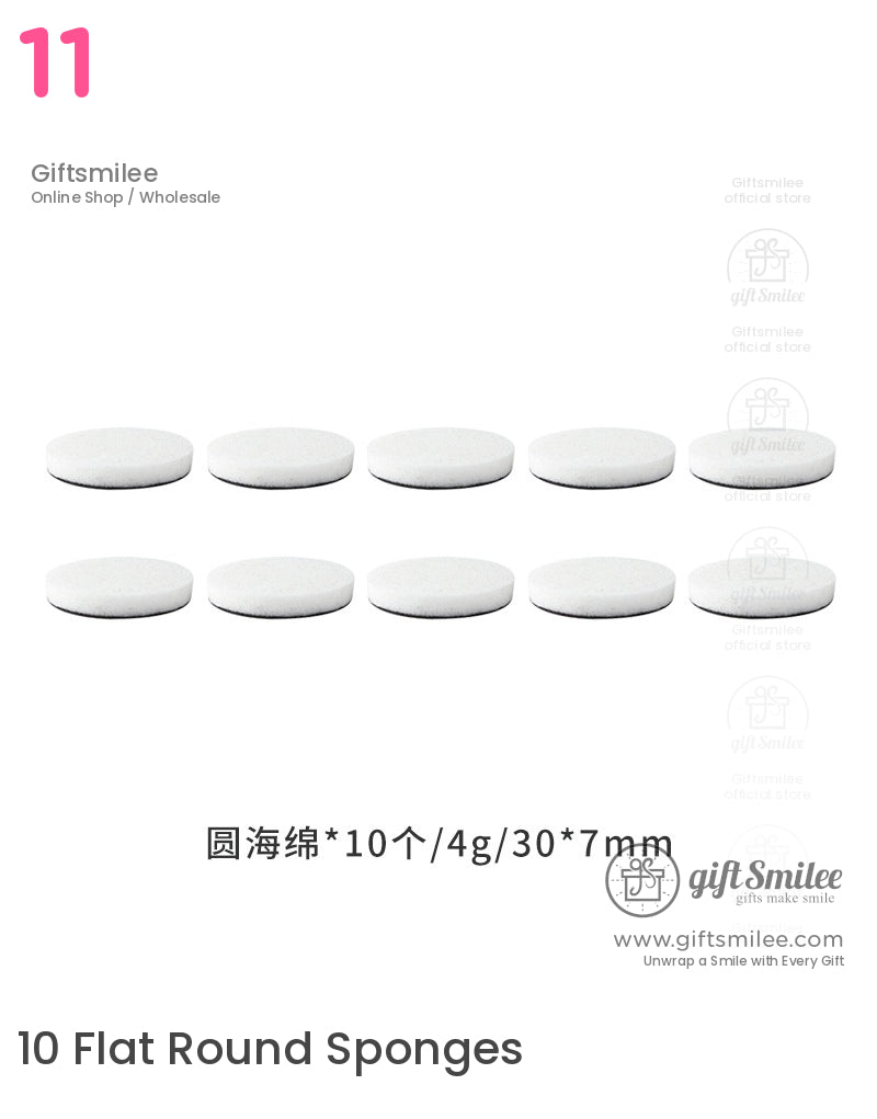 Ten round white sponge pads 30mm diameter 7mm thick lightweight design with smooth surface for versatile use