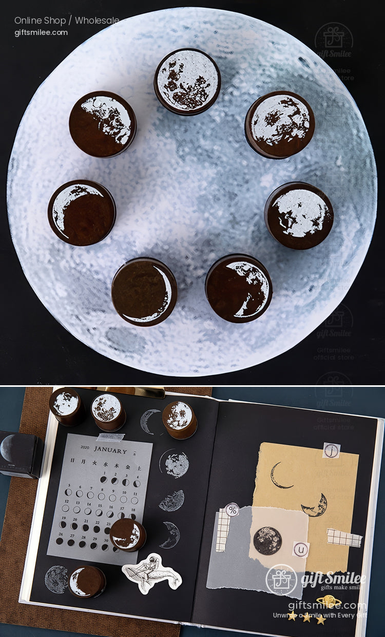 Solid Wood Round Moon Phases Wooden Rubber Stamps | KS-WS-359