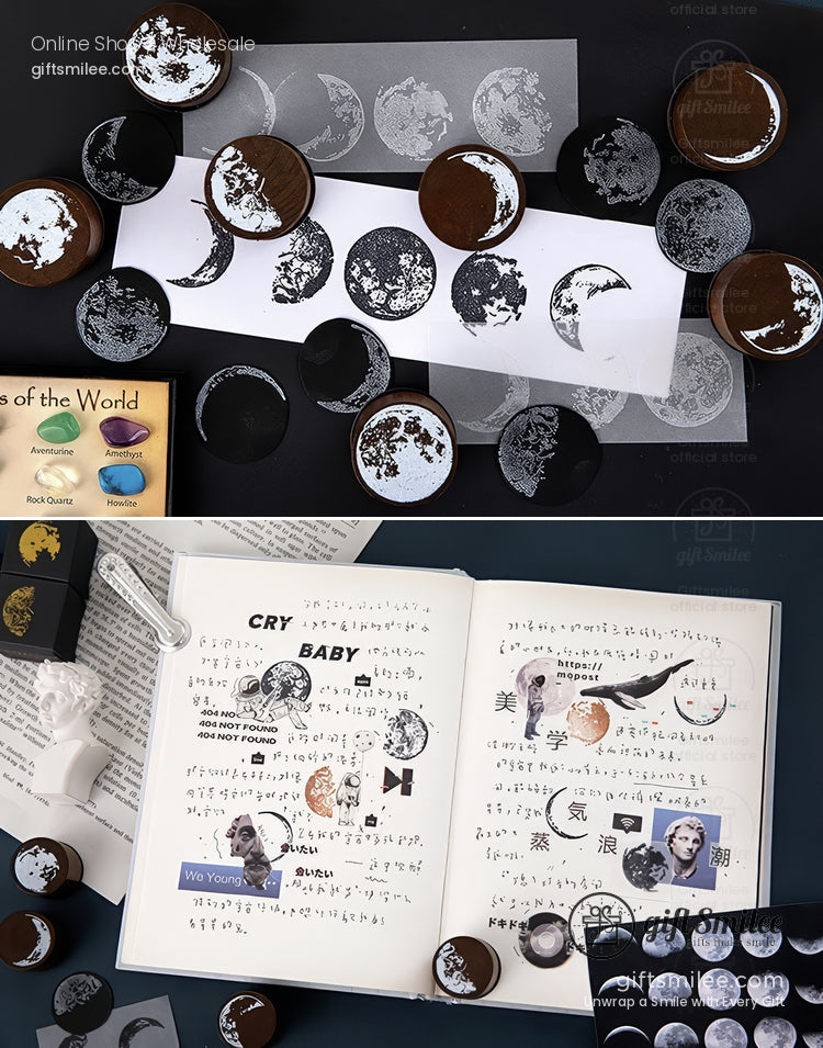 Solid Wood Round Moon Phases Wooden Rubber Stamps | KS-WS-359
